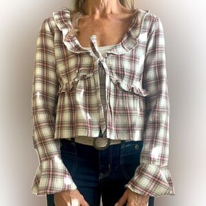 AE holiday plaid tie front, flare sleeves, peplum long sleeve top NWT